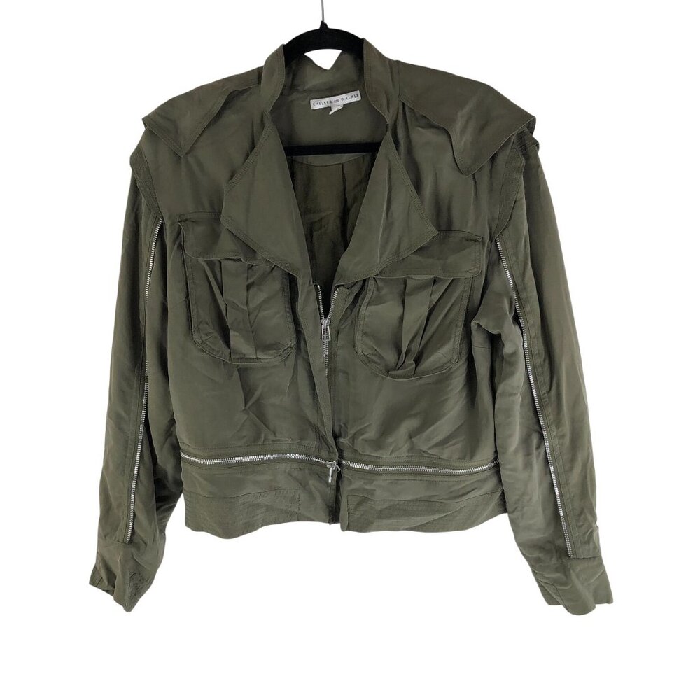 Chelsea and Walker Womens Christy Silk Cargo Jacket Oversized Pockets Green 4